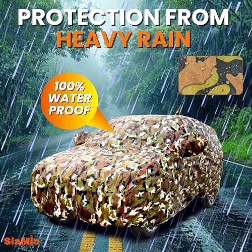 Image of Waterproof Car Body Cover for Renault Triber with Mirror Pocket, Soft Cotton Lining, Triple Stitched, Full Bottom Elastic (Heat Resistant Jungle Print with Red Piping)