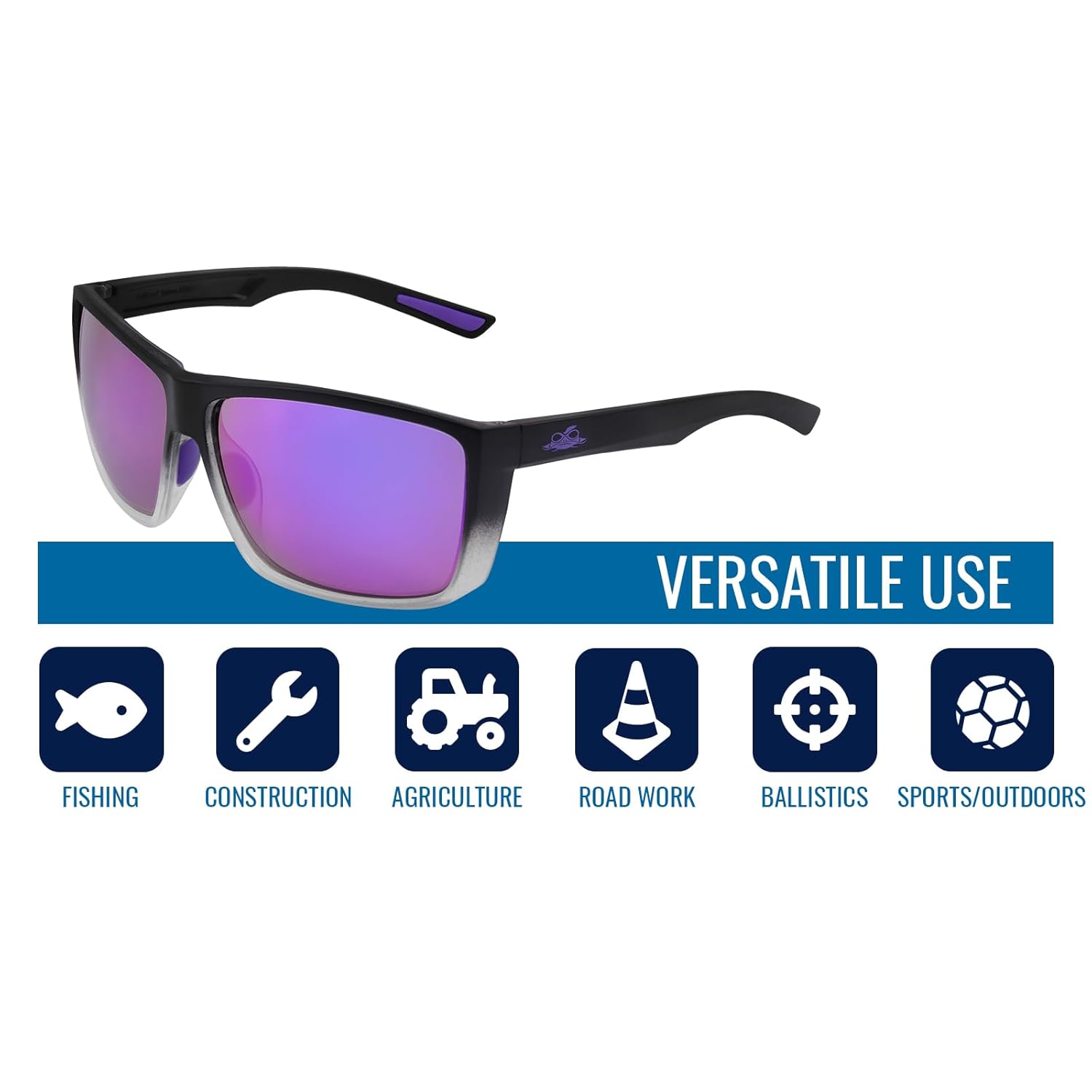 Bullhead Safety Lionfish Glasses, Anti-Fog, Scratch Resistant, Precision Lens with UV Protection, Comfortable and Lightweight, Violet Mirror Lens and Matte Black to White Full-Frame, One Size