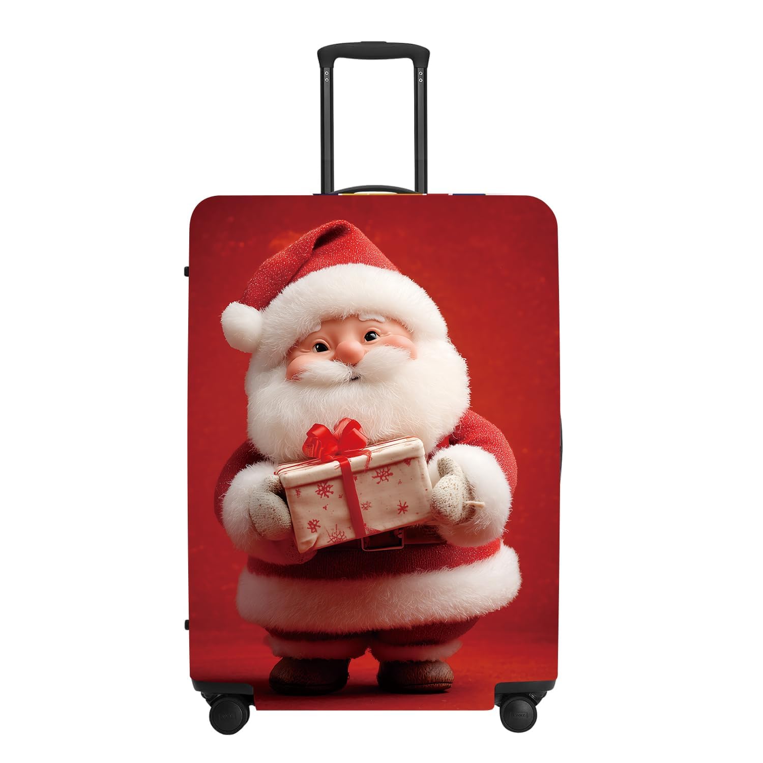 Doll Style Luggage Cover - 3D Santa Holding Present on Red Background, Unique Suitcase Protector for 32 34 Inch Bag