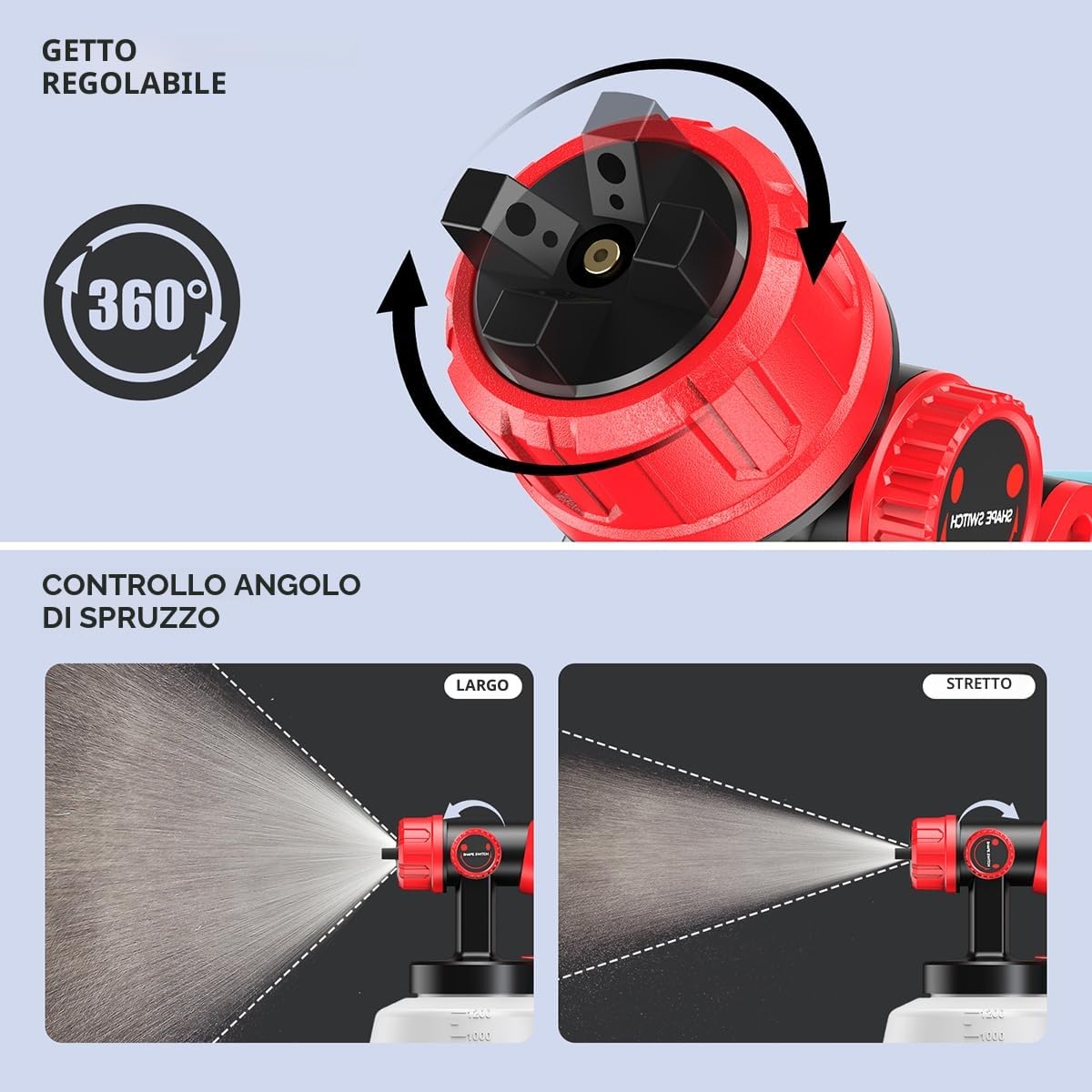 ENEACRO HVLP Pistola a Spruzzo Elettrica 700W con Contenitore da 1200ml, Flusso e Angolo di Spruzzatura Regolabili, 5 Ugelli in Ottone e Motivo di Spruzzo Girevole a 360° per Interni ed Esterni Casa