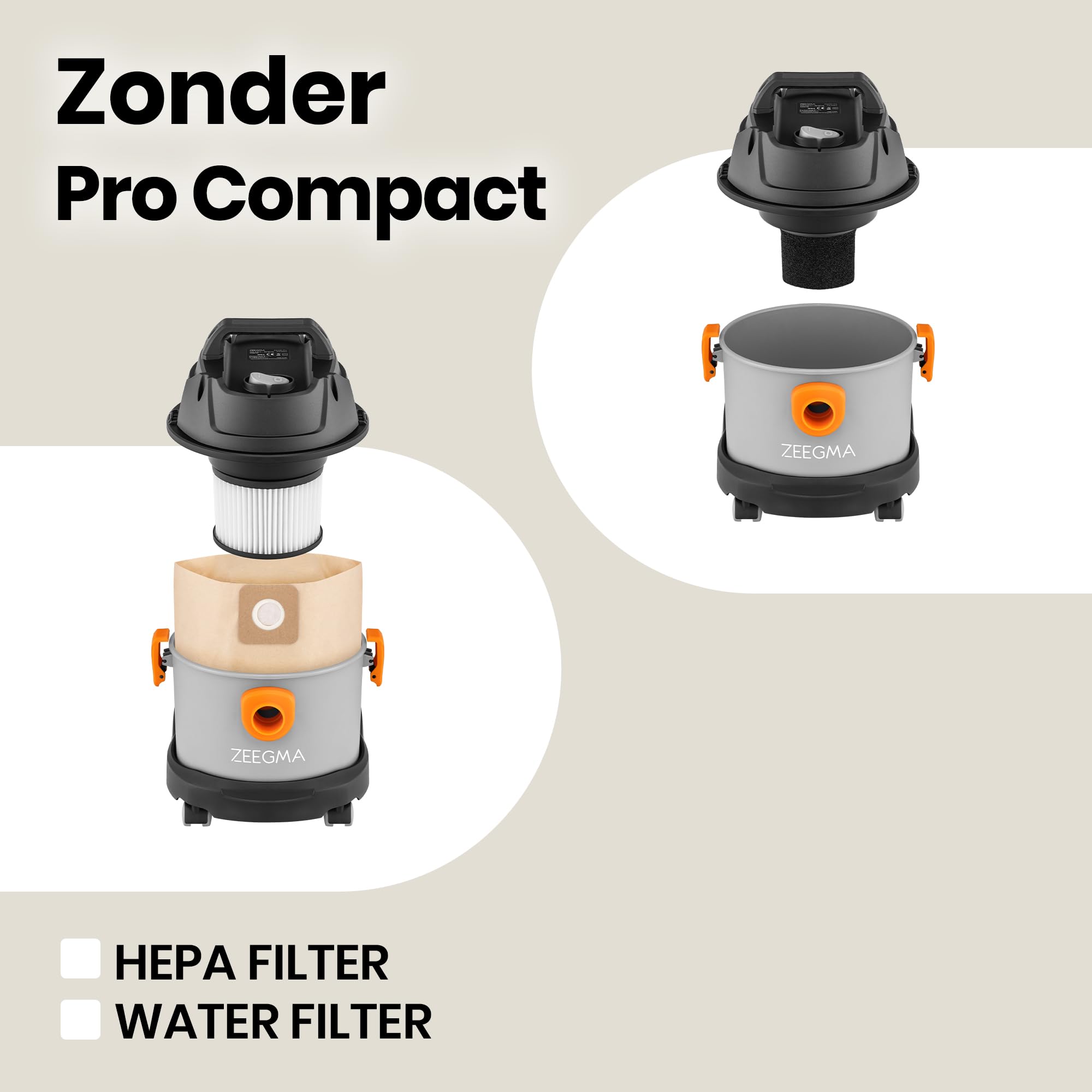 Zeegma ZONDER Pro Compact Aspirateur Sec et Humide, Aspirateur Industriel Compact 1000W, Récipient 6 L, Buse de Nettoyage des Tissus d'ameublement et Tapis, Fonction de Soufflage