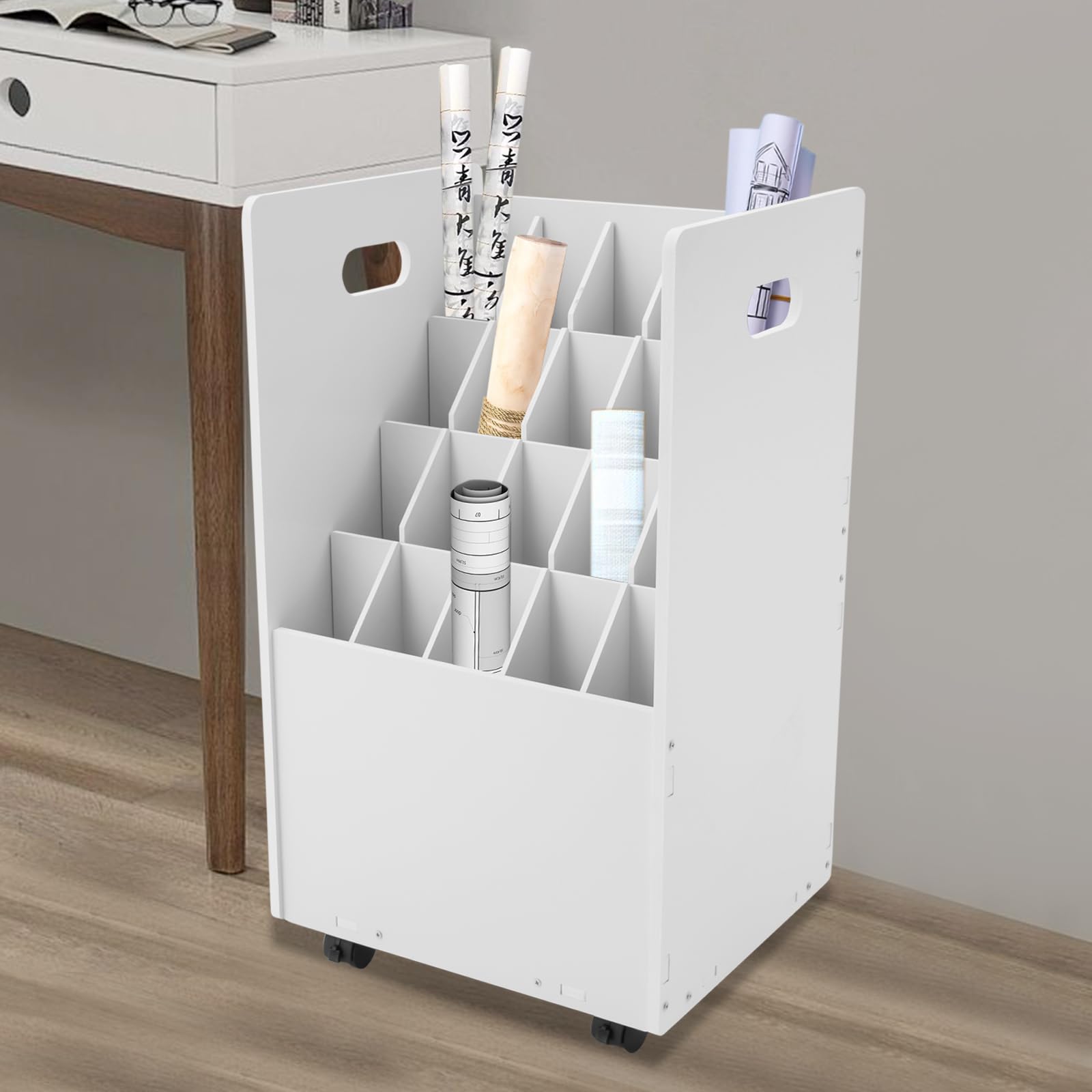 20-Slot Blueprint Storage Organizer, Mobile Roll File Cart Roll File Storage Holder Construction Plan Holders with Wheels for Office and Home