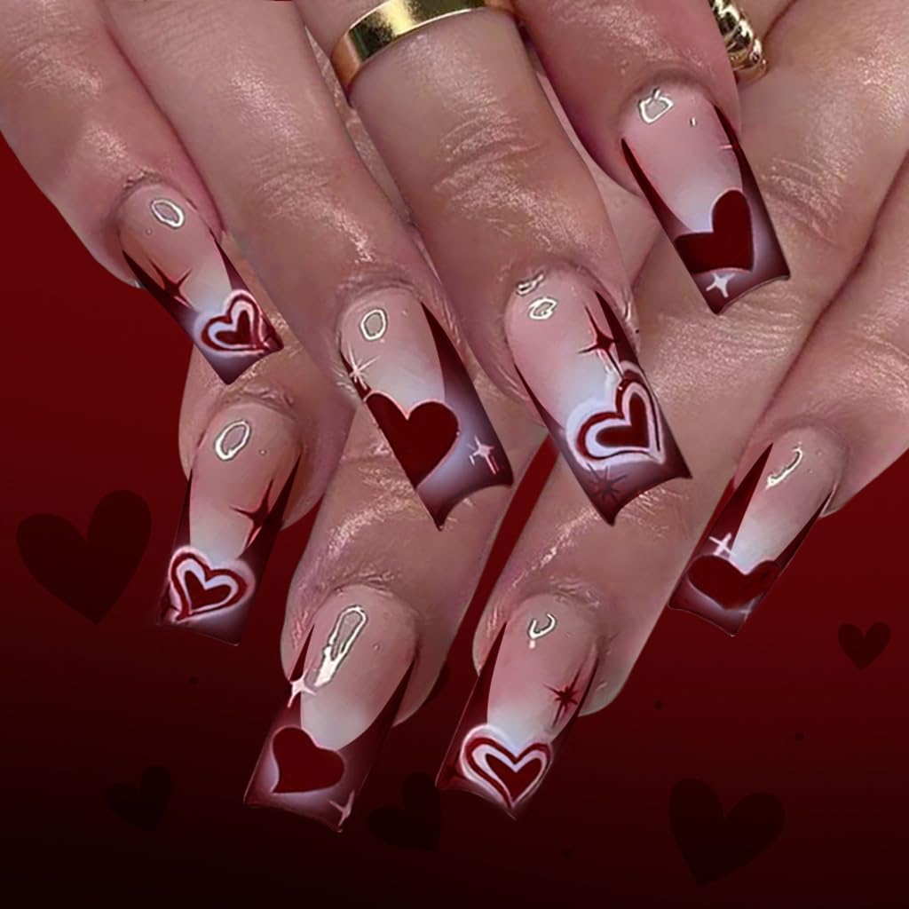 Elegant Glossy Fake Nails 24PCS Set Wine Red French Styles Middle Coffin Artificial Nails For Party Wedding Date