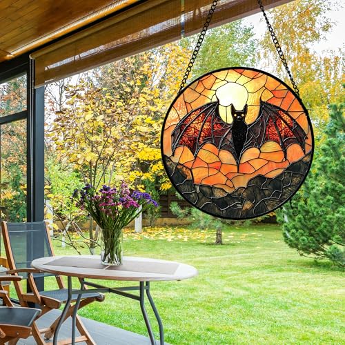 Image of Stained Glass Window Hanging, Black Bat Sun Catcher for Door Home Decor Animal Suncatcher Christmas Mother's Day Birthday Gifts for Women Men Mom and Nana 7.8 in
