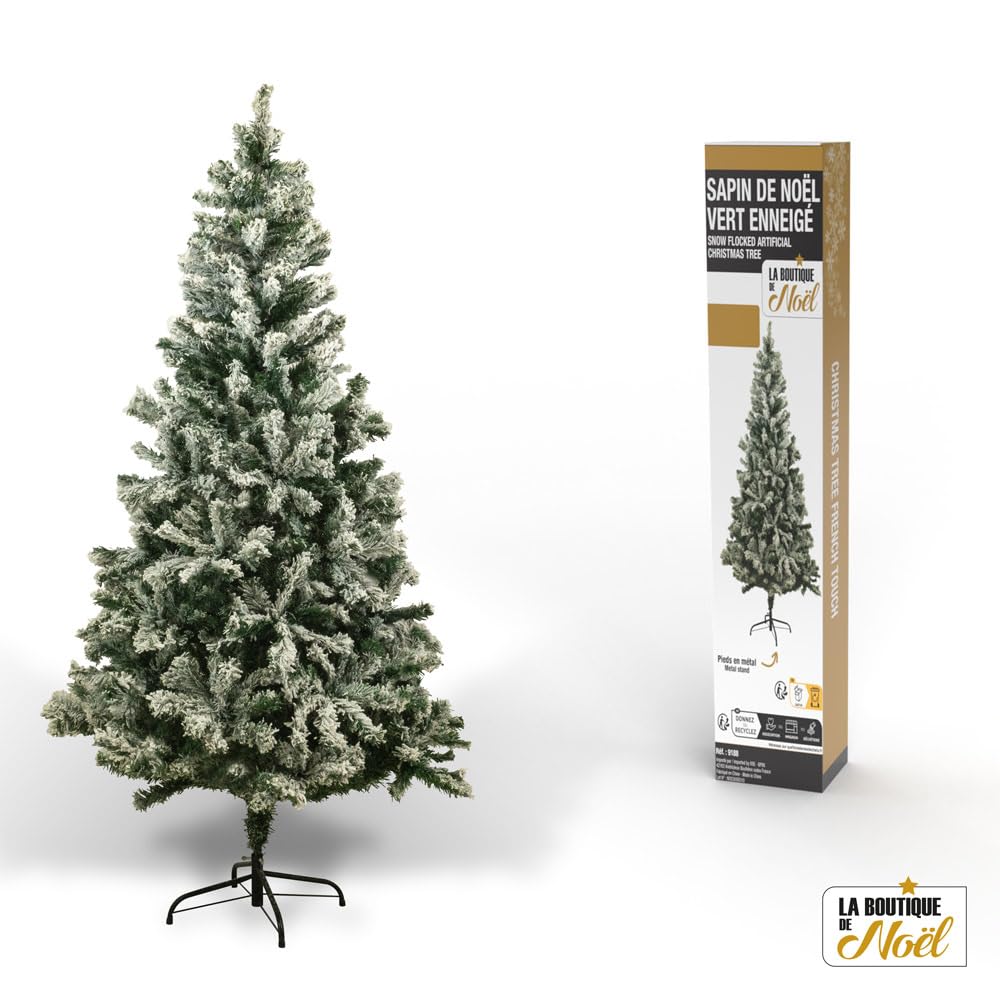 LA BOUTIQUE DE Noël Árbol de Navidad Artificial Realista Nevado, Árbol Artificial Verde Nevado, Patas de Metal y Guantes Incluidos - Árbol de Navidad de PVC Ignífugo