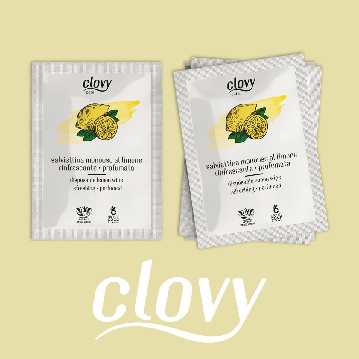 Clovy Care. 200 Salviette monouso rinfrescanti e profumate al limone dimensione 23,5x16 imbevute con soluzione a base di ingredienti naturali nichel free.