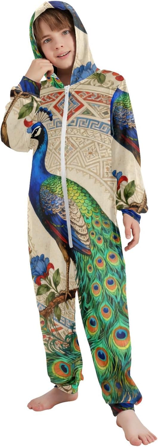 Vintage Peacock in The Victorian StylePajamasSoft Warm Hooded One-Piecing Loungewear Sleepwearfor Christmas Home