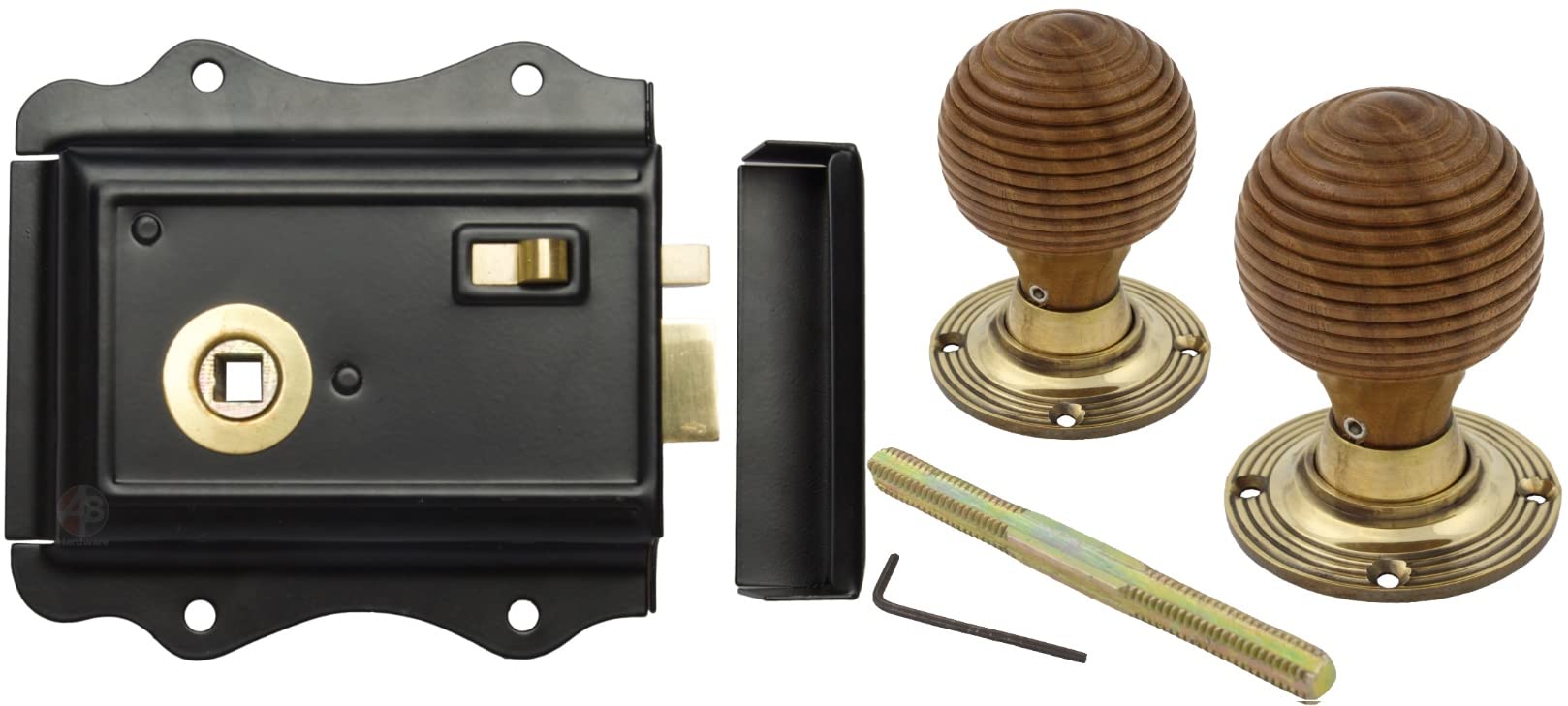 Ab Hardware Aged Brass + Rim Lock Old English Victorian Style Latch Lock Snib + Teak Beehive Rim Door Knob Set (Aged Brass + Rim Lock)