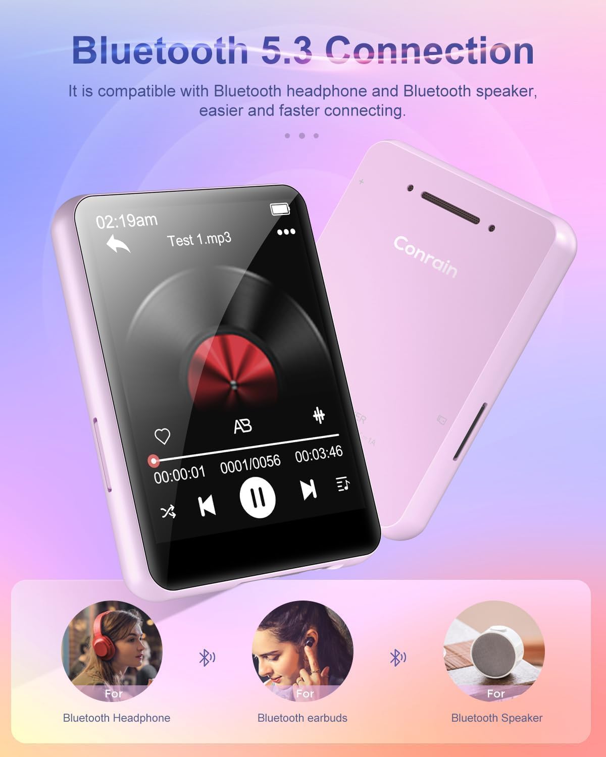 64GB MP3 Player with Bluetooth 5.3, Portable Digital Lossless Music Player with Built-in Speaker, 2.4 in Full Touch Screen, FM Radio, Voice Recorder, Earphones Included, Surppot up to 128GB