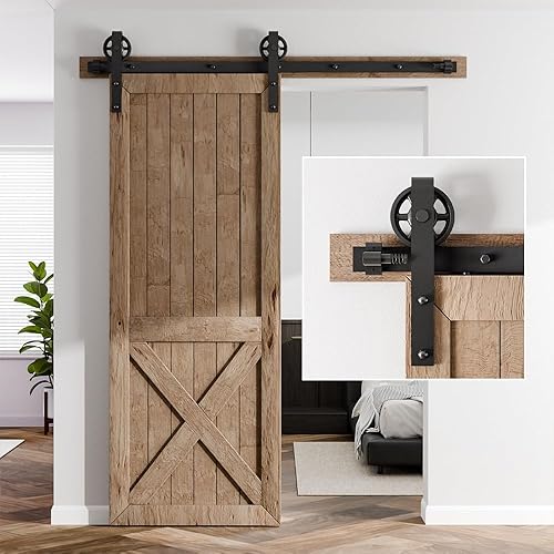 Miniatura 9 de Kit de herrajes para puerta corrediza de granero de 96 pulgadas8 pies, suave y silencioso, fácil de instalar, se adapta a puertas de madera