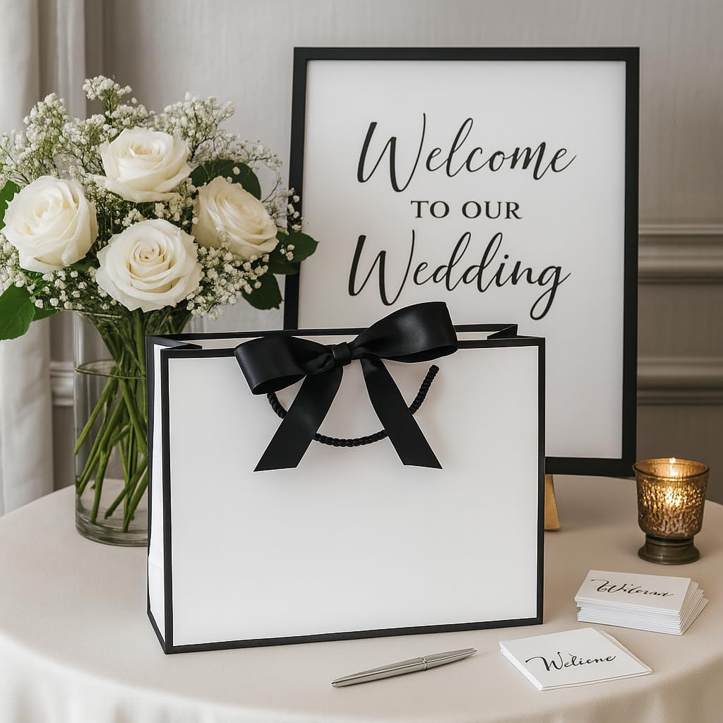 Luxury Black & White Gift Bags - Set of 8 Medium Size with Bow Ribbon and Gift Tags. Perfect for Bridesmaid Gifts, Welcome Bags for Wedding Guests, Bridal Shower Gift Bags, Corporate Events, Presents - Image 2