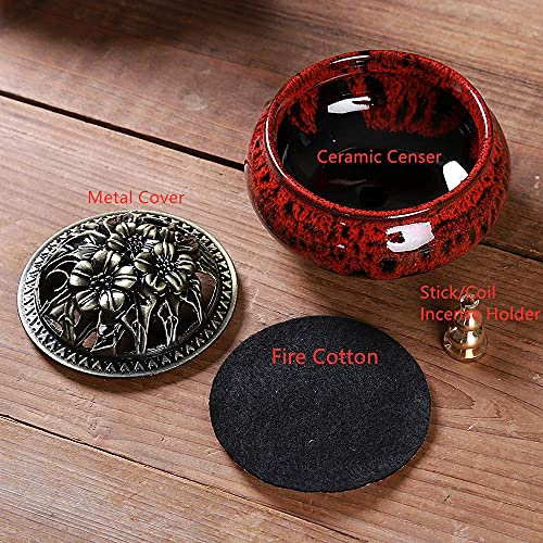 Lamdawn Ceramic Incense Burner With Incense Stick Holder + Insulation Use For Stick Or Coil Incense, Sage Cones And Frankincense (Fambe Red) #TOP2