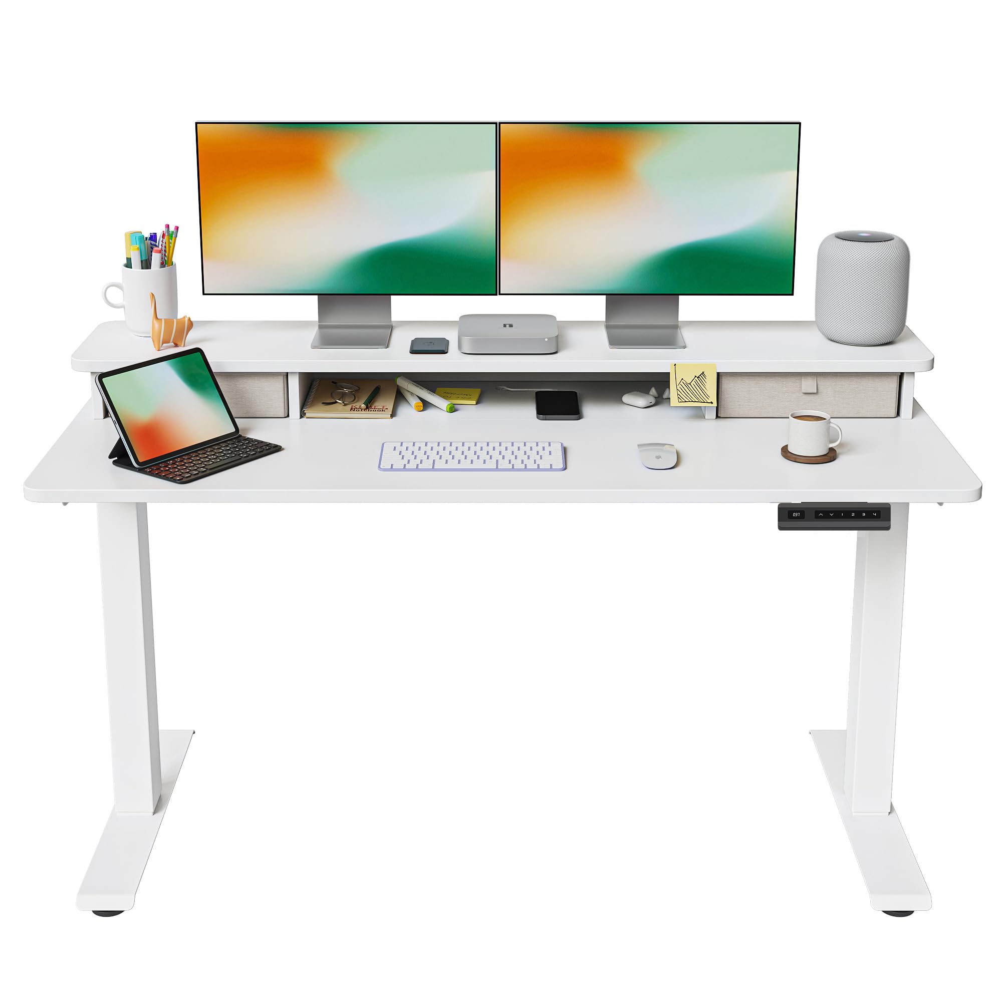 FEZIBO 55 x 24 Inch Height Adjustable Electric Standing Desk with Double Drawer, Computer Desk, Home Office Stand Up Table with 4 Height-Adjustable Feets & 2 Hooks, White