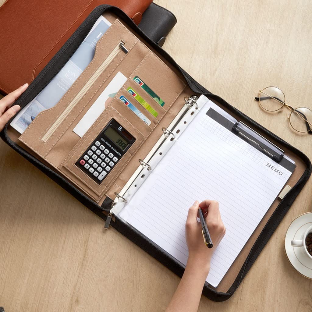 Skórzany teczka na dokumenty A4, teczka na dokumenty z 4 pierścieniami, z zamkiem błyskawicznym, organizer na padfolio, teczka na dokumenty