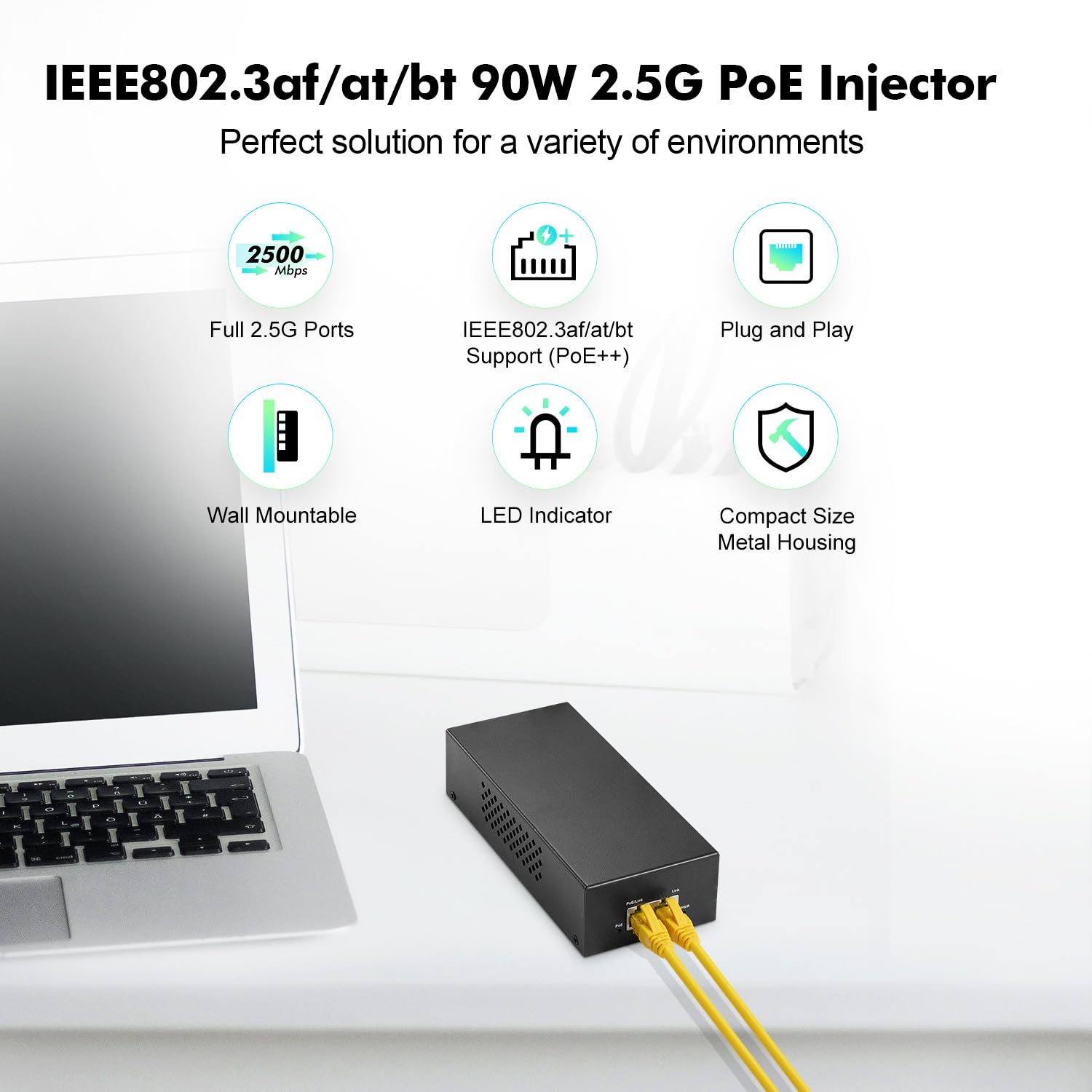 YuLinca 2.5 Gigabit PoE+ Injector, 802.3af/at/bt 90W Power Over Ethernet PoE Adapter, 100/1000/2500Mbps, Non-PoE to PoE Adapter, Plug & Play, Distance Up to 100 Meters (328 ft.)