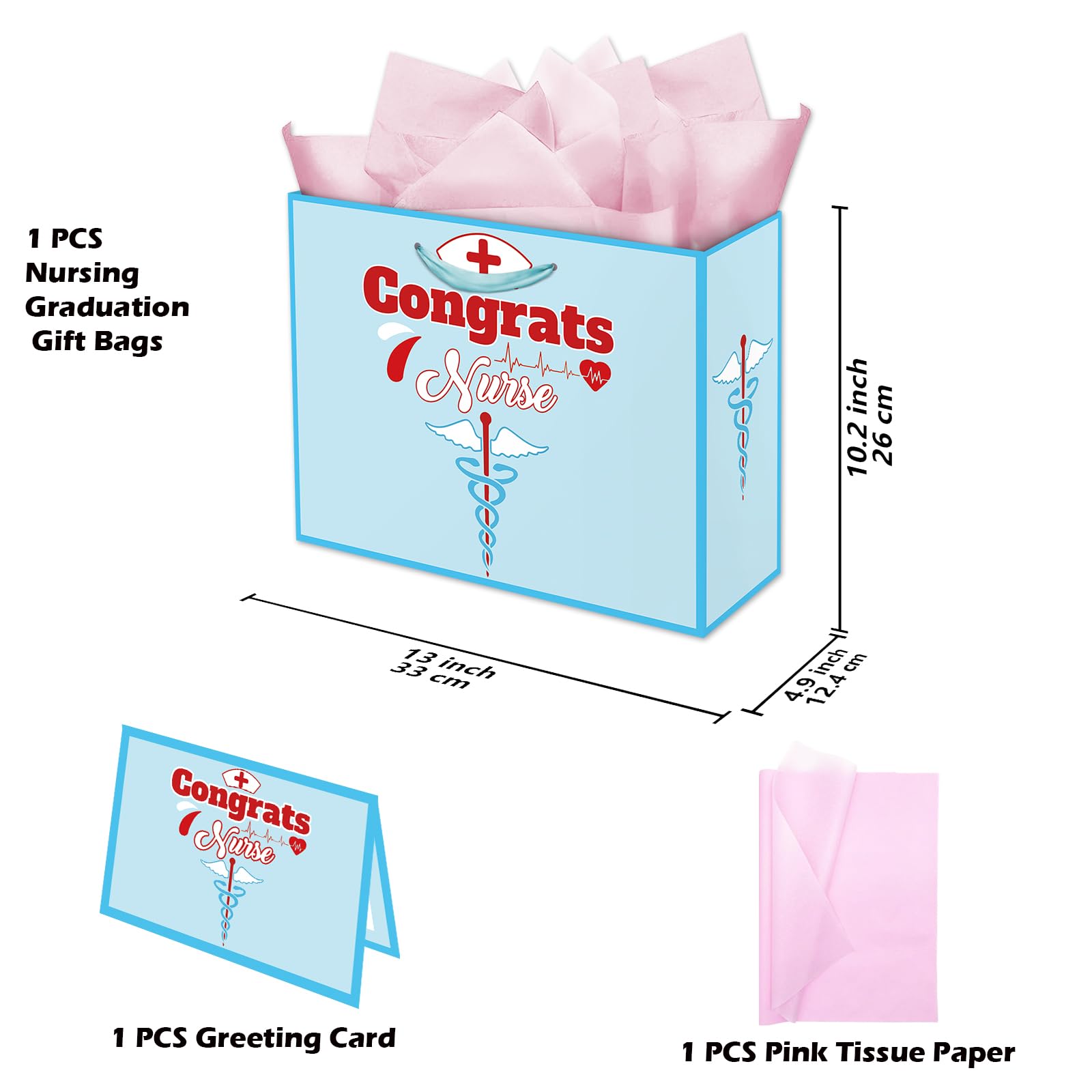 FANOST Grand sac cadeau pour infirmière avec papier de soie et carte de vœux, 33 x 12,4 x 25,9 cm, grand sac cadeau pour remise de diplôme, sac cadeau de fête pour école d'infirmière en médecine