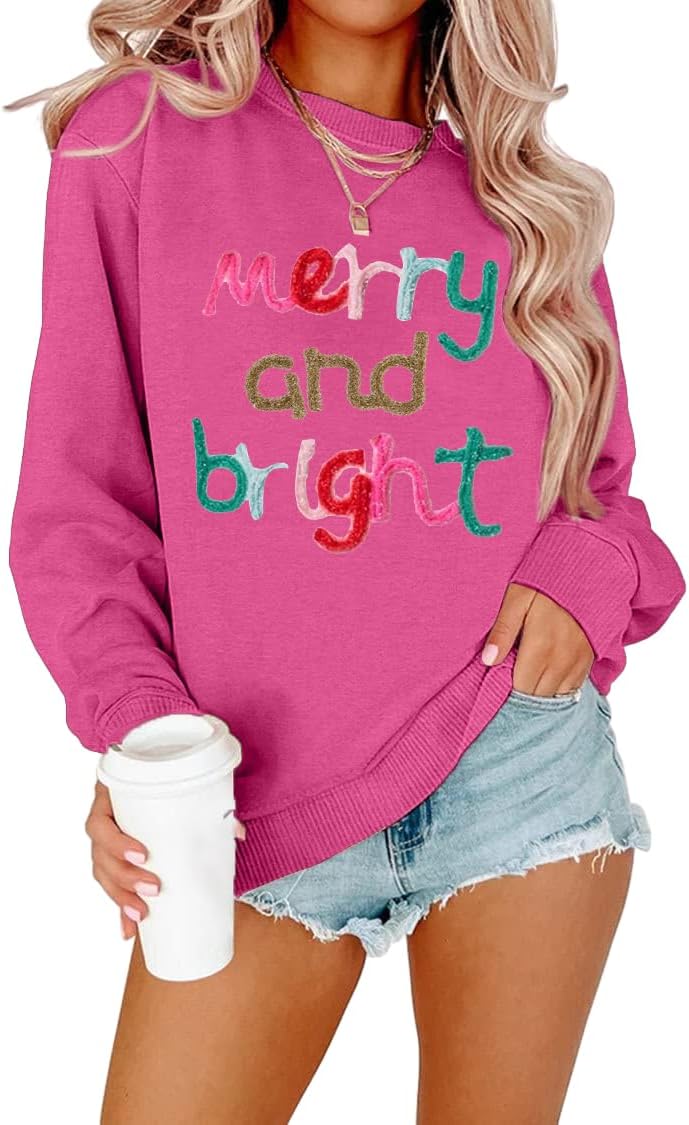 MOUSYA Oversized Christmas Pullovers Women Merry Bright Colorful Letter Printed Sweatshirt Christmas Long Sleeve Sweatshirt