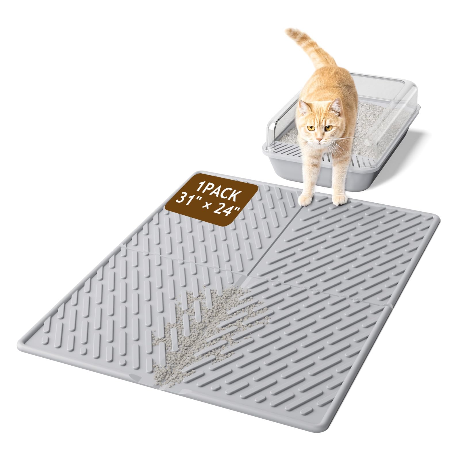 kaxionage Cat Litter Mat with Grooves & Raised Edge, Urineproof/Waterproof, Litter Scattering Control, Easy to Clean (31 * 24in-Grey-1 Pack)