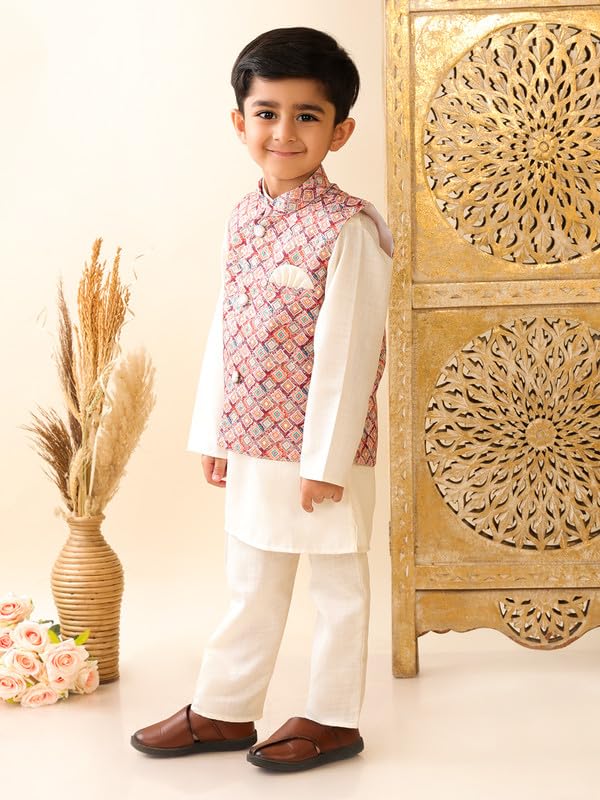 Image of superminis Boys Cotton Printed Full Sleeves Kurta Pyjama with Jacket Ethnic Wear Set