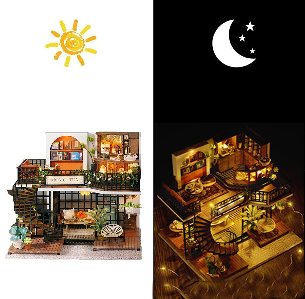 Kit di mobili fai da te per casa delle bambole in miniatura, in legno, mini casa verde con costruzione a LED, set da gioco per ragazzi e ragazze (Forest Teashop)