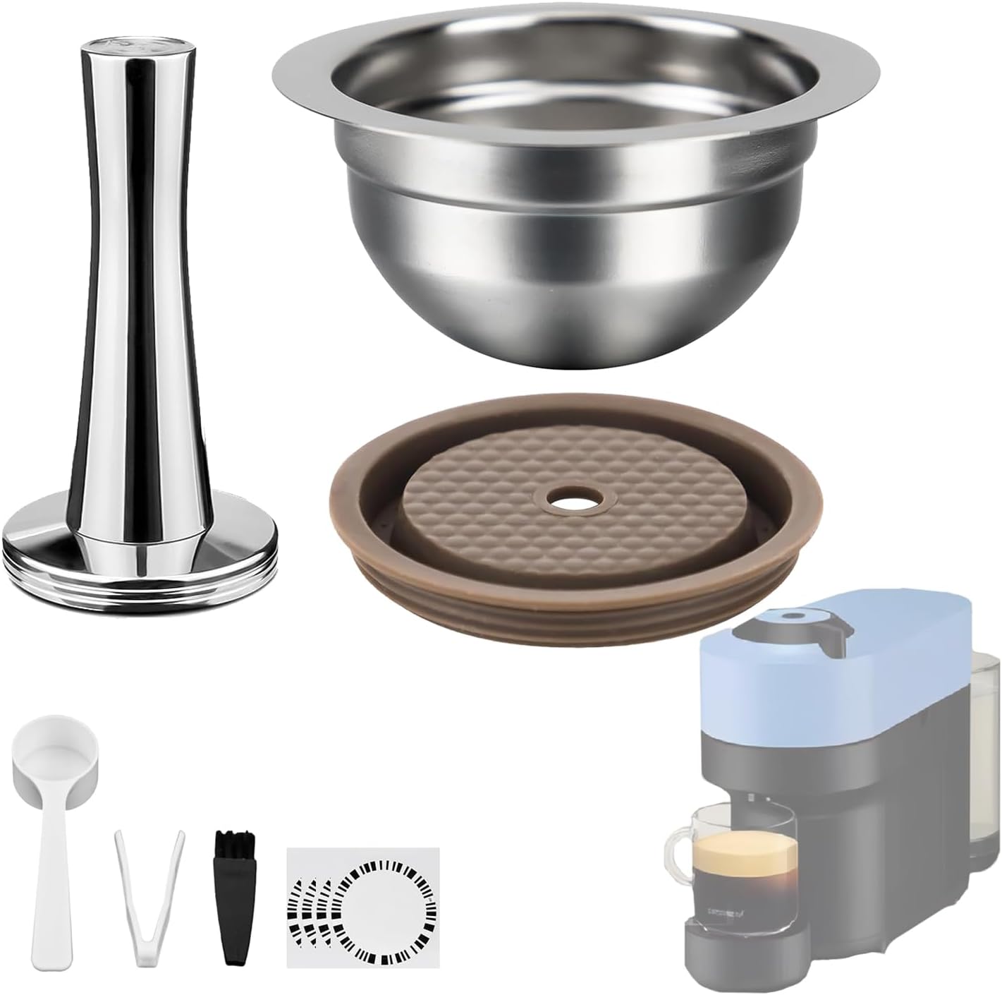 Stainless Steel Reusable Coffee Pods 230ml Refillable Capsules Compatible with Nespr*sso Ve*rtuo PLUS NEXT POP GCA1 and ENV135 Series With 4 Barcode Stickers,Silicone Lid (150ML+1 Tamper)