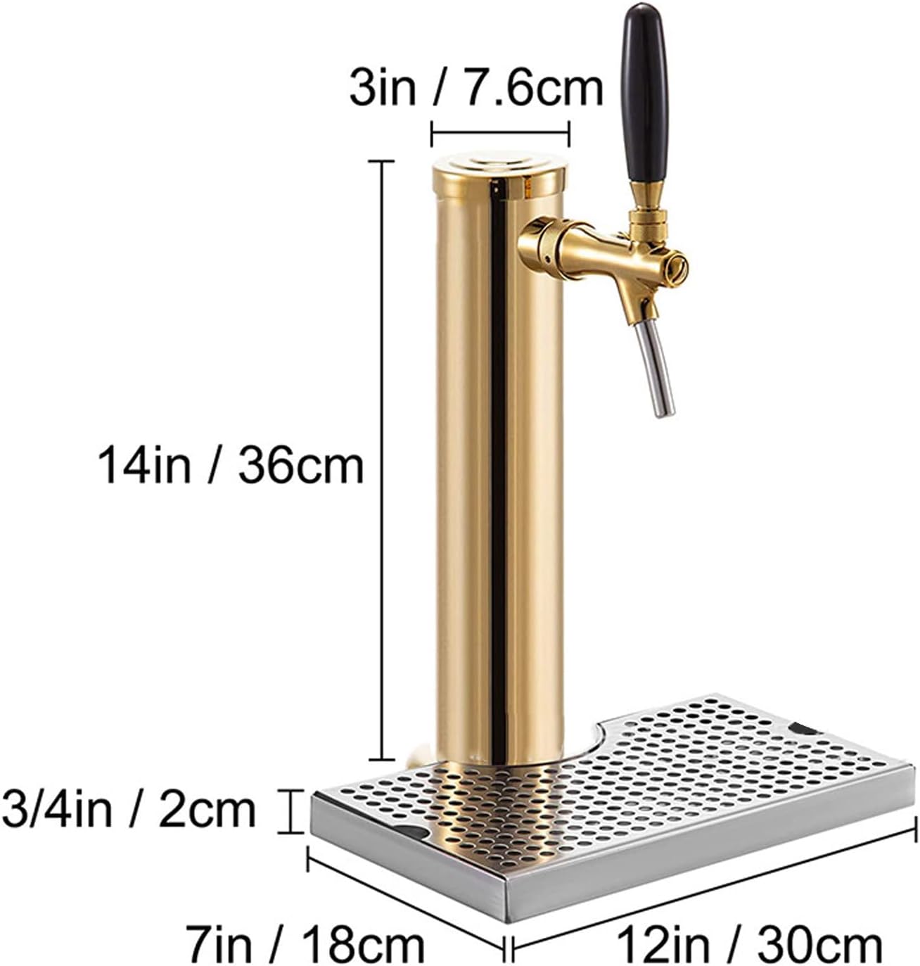 14" Tall Tap Draft Beer Tower, Stainless Steel Gold Beer Tower Kit with Drip Tray, Beer Tower Kegerator Kit, for Outdoor Family Gatherings Or Commercial Applications,1 tap + drip Tray