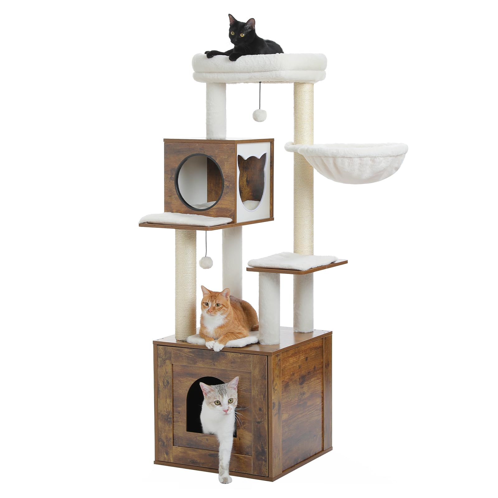 MIOMUM Tall Cat Tree with Litter Box Enclosure 57.5" Wooden Cat Tower for Large Cats with Cat Hammock House Bed (Wood Walnut)