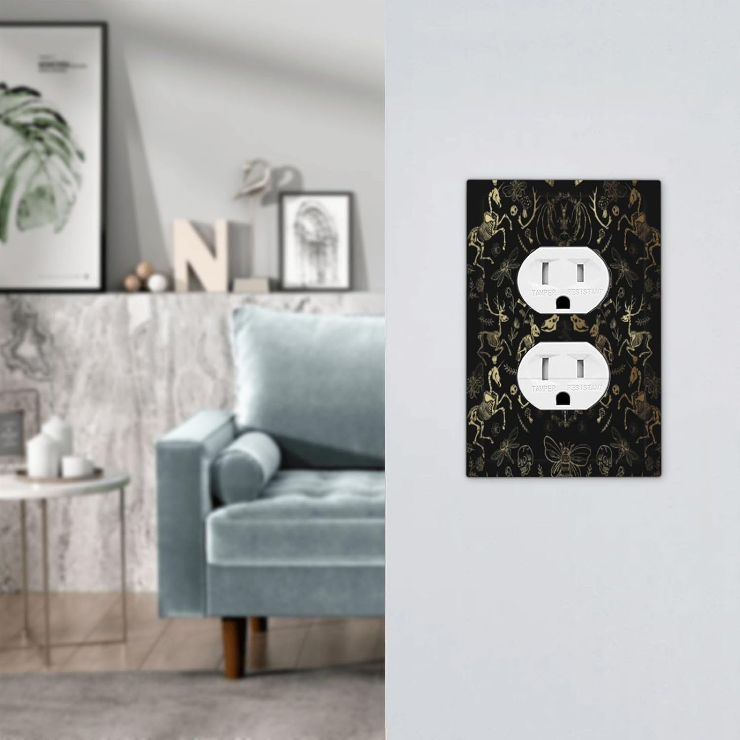Gold Animal Bones Plants Black Witchy Gothic Oddities Dark Academia 1 Gang Duplex Outlet Covers Decorative Artistic Single Light Switch Cover Electrical Wall Plate Switchplate Faceplate