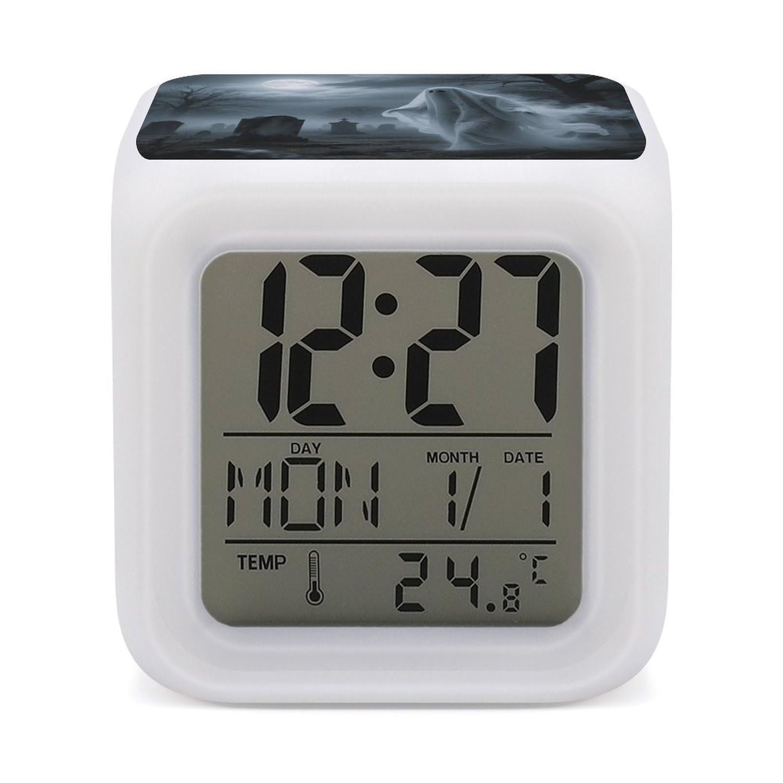 VstaDank Cool Halloween Ghost Alarm Clock Sleep Trainer 7 Color Changing Night Light Modern Touch Bedside Lamp Fashion Digital Clock with Temperature Display Wake Clocks for Loud Alarm