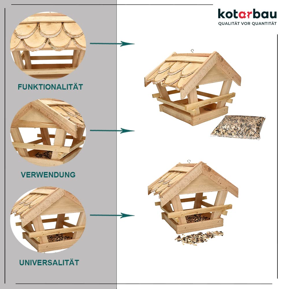 KOTARBAU® Mangiatoia per uccelli in legno con assicella coperta da appendere + fodera da 0,5 kg