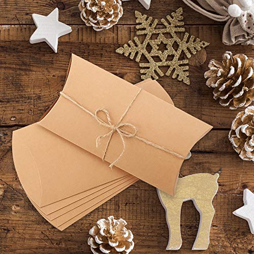 Cewor Kraft Pillow Box 50Pcs, 6.3×3.7 Inches Gift Boxes With 100 Feet Jute Twines, Paper Gift Box For Jewelry, Candy Gift Packaging, Wedding Present And Birthday Party Favor #TOP6