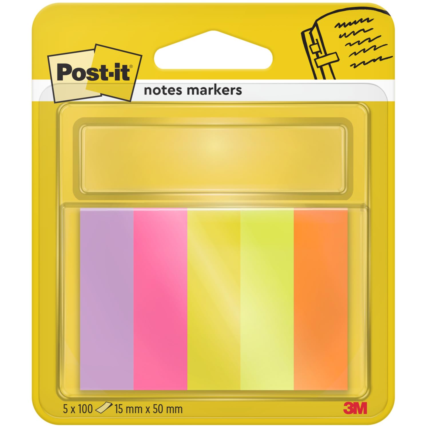 Notes Markers, Assorted Colours, 5 Pads, 15 mm x 50 mm, 100 Sheets per Pad, Green, Orange, Pink, Purple, Yellow - To Mark, Highlight or Color Code Important Information