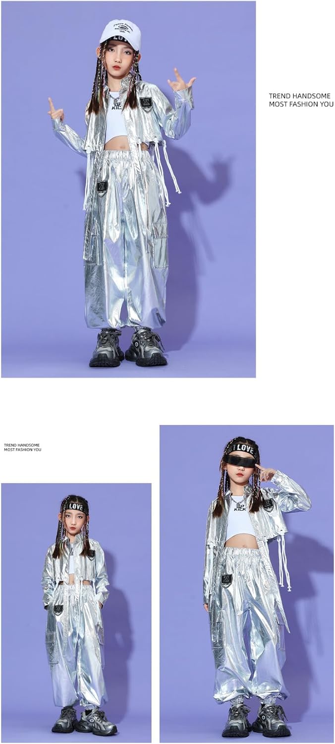 Meufam Kids Boys Girls Hip Hop Tracksuit Set, Street Dance Outfit, Casual Cotton Long Sleeve Top and Pants Two-Piece for Children (Silvery,5 Years)