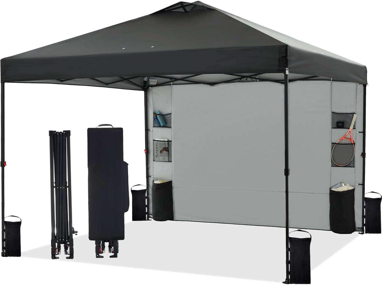 10'x10' Pop Up Canopy Tent with 1 Sidewall and 6 Pockets, One Push Setup, Instant Shade Tent with Vented Roof for Beach Patio Outdoor, Case, 8 Stakes, 4 Ropes, 4 Sandbags (White)