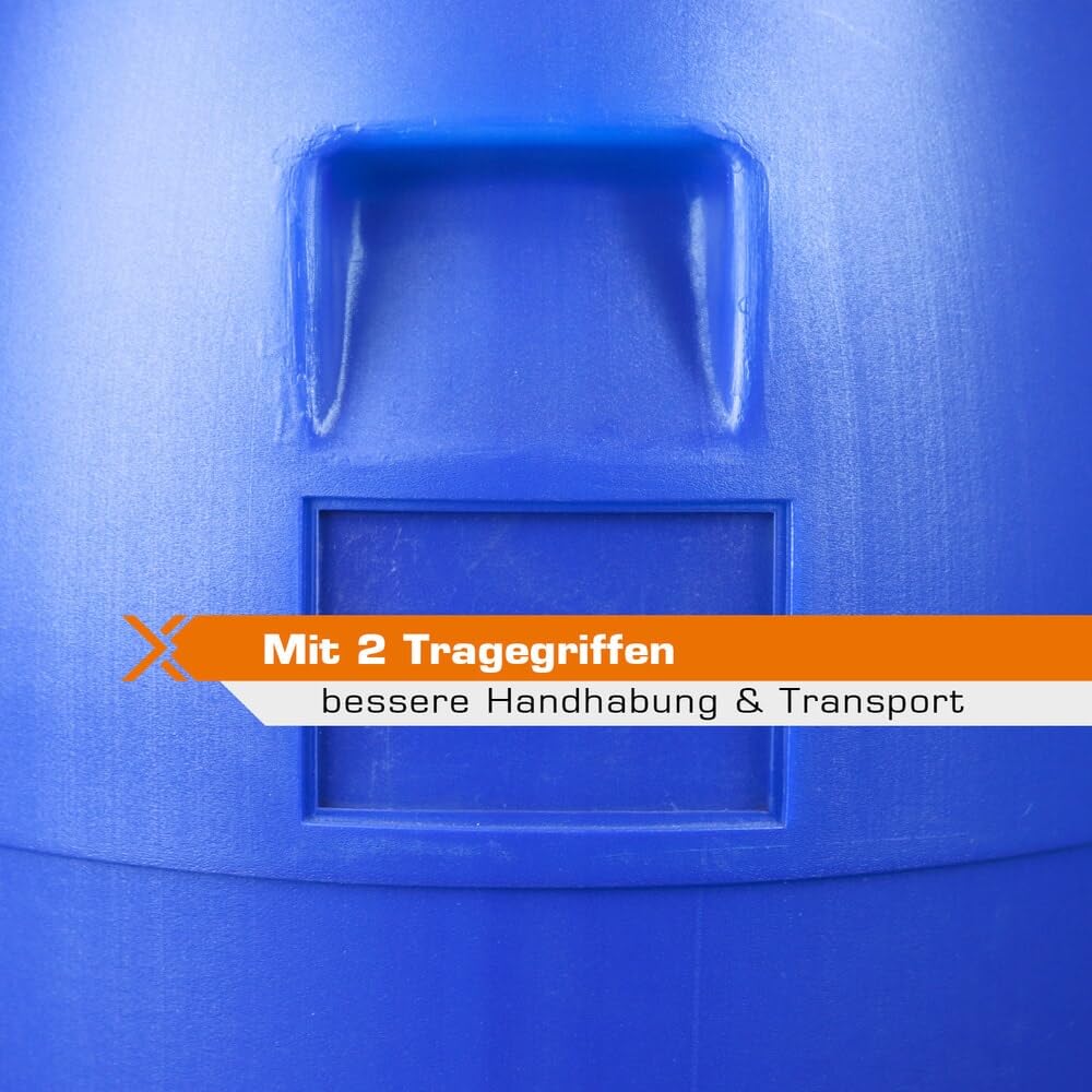 HEMMDAL Spannringfass 85 Liter | Lebensmittelecht | BPA-freier Kunststoff | Stapelbar | 2 Tragegriffe | 340 mm Öffnung | Made in Europe | Mit Deckel | Rund | Blau