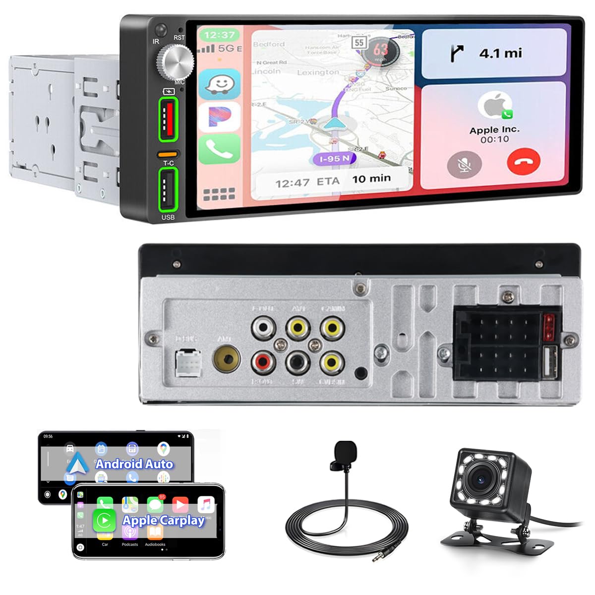 Hikity 6.9" 1 DIN CarPlay Radio Coche con Bluetooth FM Cámara Trasera | IPS Pantalla Táctil Android Auto Wireless CarPlay Mirror Link EQ Control del Volante Manos Libres USB AUX