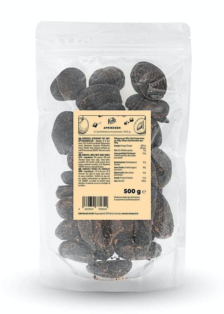 KoRo - Albicocche al cioccolato fondente formato prova 500 g - Delizioso snack vegano senza zuccheri aggiunti