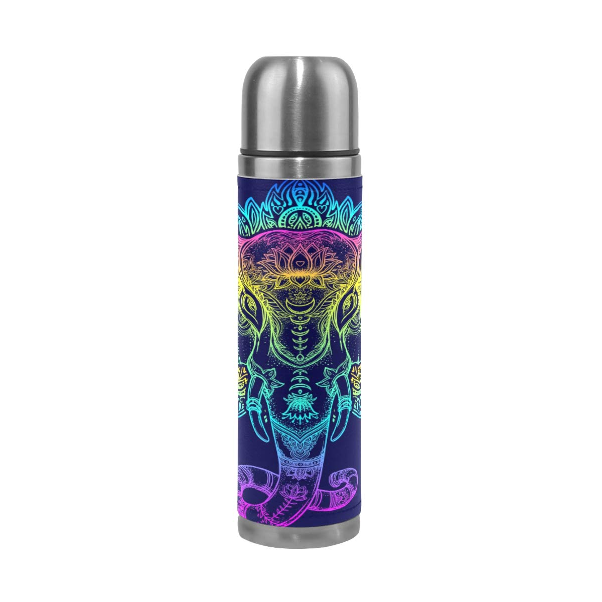 Thermosflasche für unterwegs, vakuumisoliert, Edelstahl, doppelwandig, auslaufsicher, bunt, ethnisch, Elefant, Mandala, personalisierbar, bedruckt, echtes Leder, 500 ml