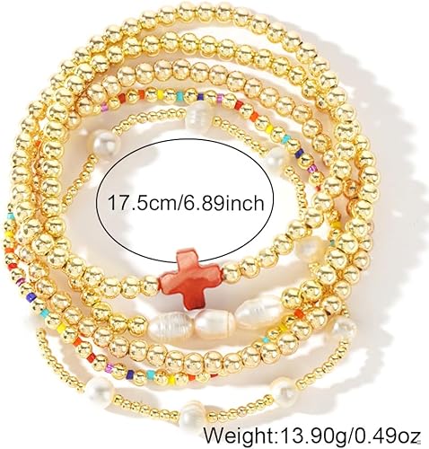 Miniatura 8 de Juego de pulseras de cruz con cuentas de oro de 14 quilates para mujer, elásticas, bohemias, coloridas cuentas cristianas, regalo de moda