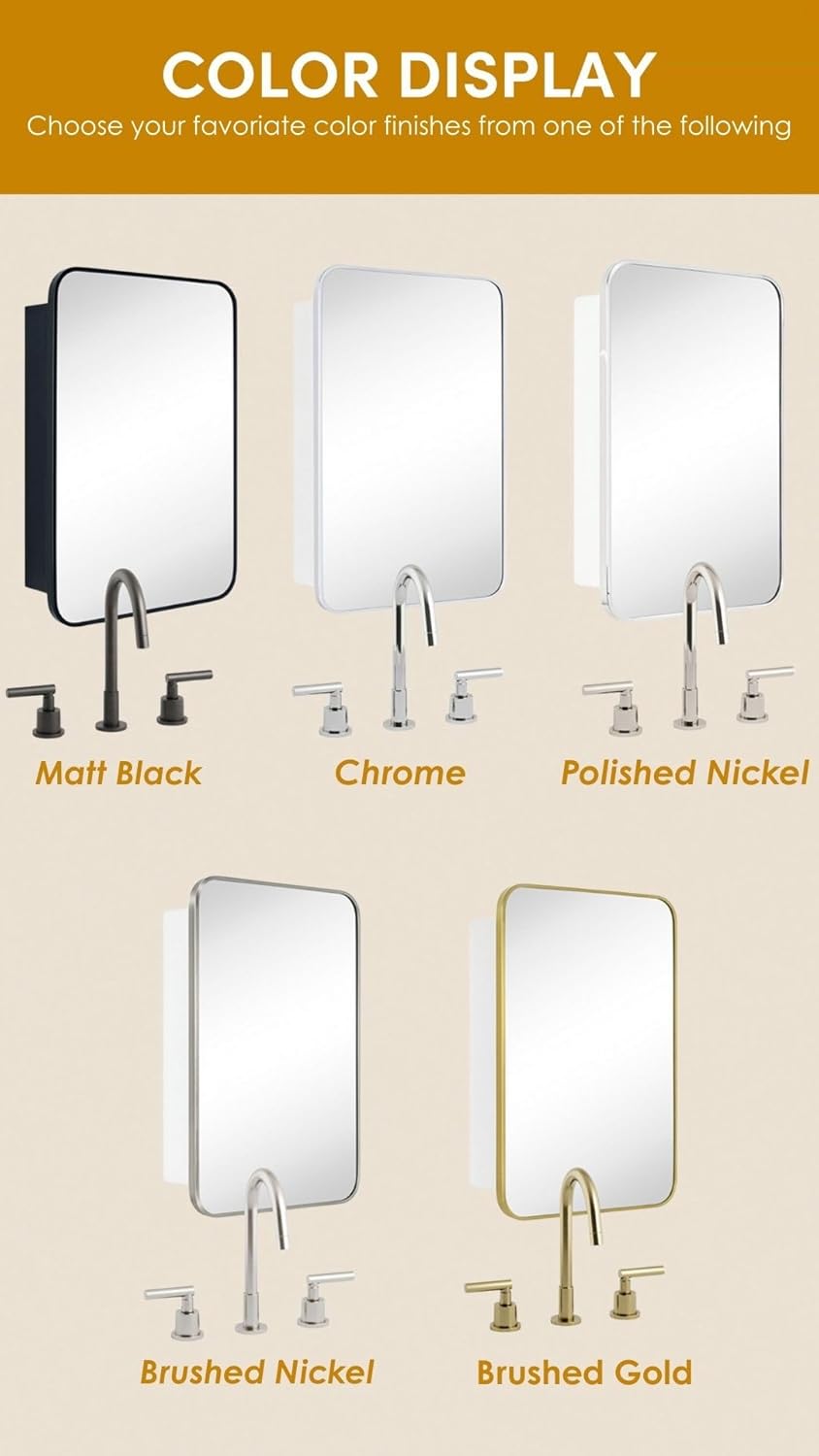 GRACTO 17.5x29'' Black Recessed and Surface Mount Bathroom Medicine Cabinet with Mirror Matt Black Metal Framed Rounded Rectangle Medicine Cabinet