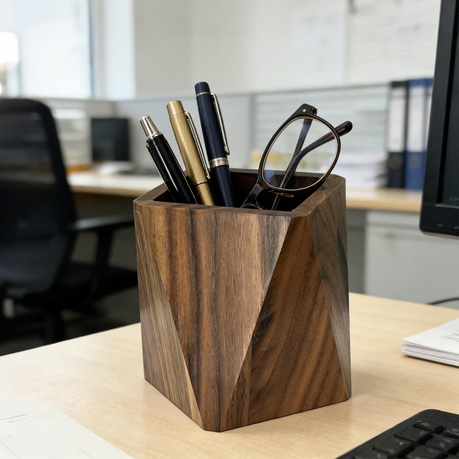 Portapenne da scrivania, in legno di noce nero, a forma prismatica, organizer per cancelleria, per uso multiplo, per ufficio e scuola