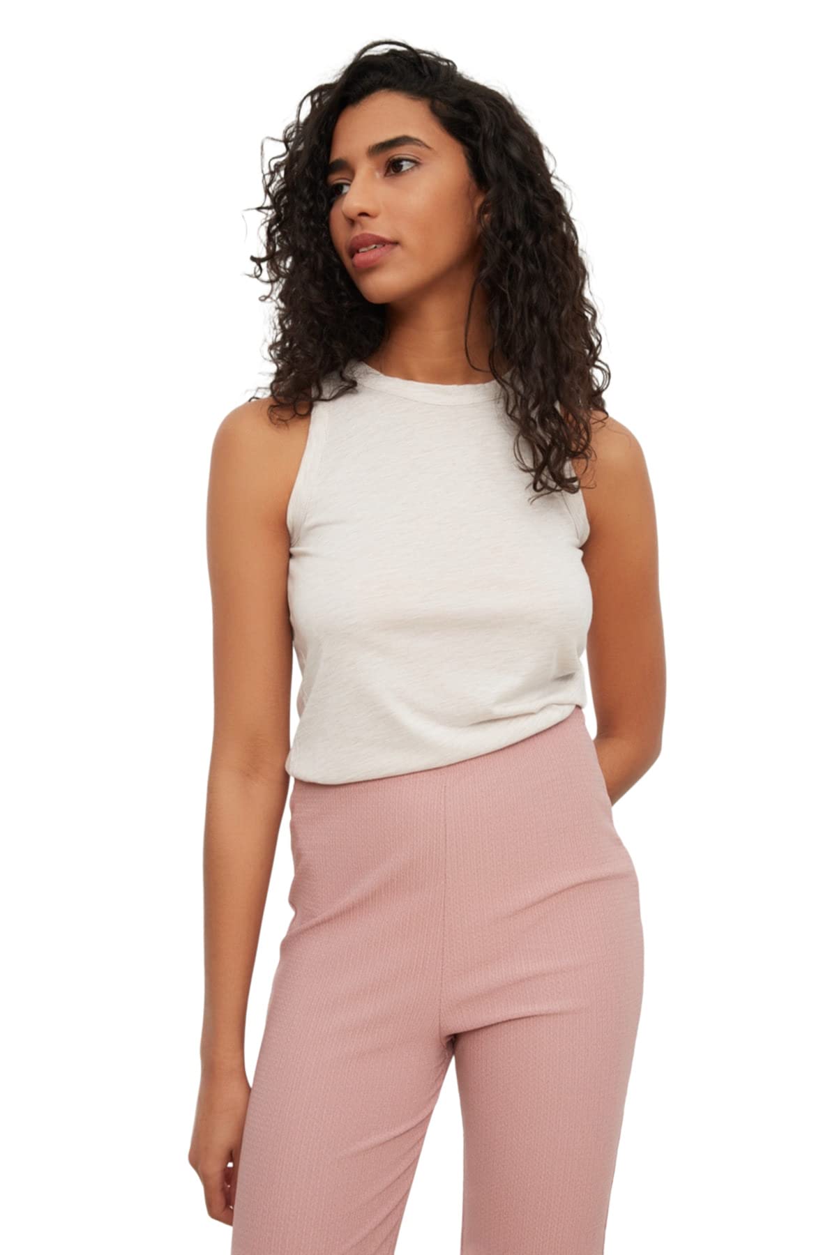 Trendyol FeMan Loungewear Fitted Bodycon Crew Neck Knit Singlet Beige