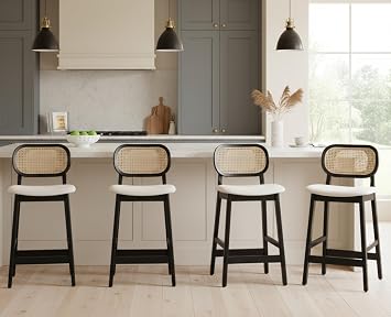Shunzhi Rattan Counter Height Bar Stools Set of 4 with Cane Back Upholstered Farmhouse Barstools Boho Wood Kitchen Island Chairs Comfy Bar Chairs for Pub/Home Bar, Linen Beige