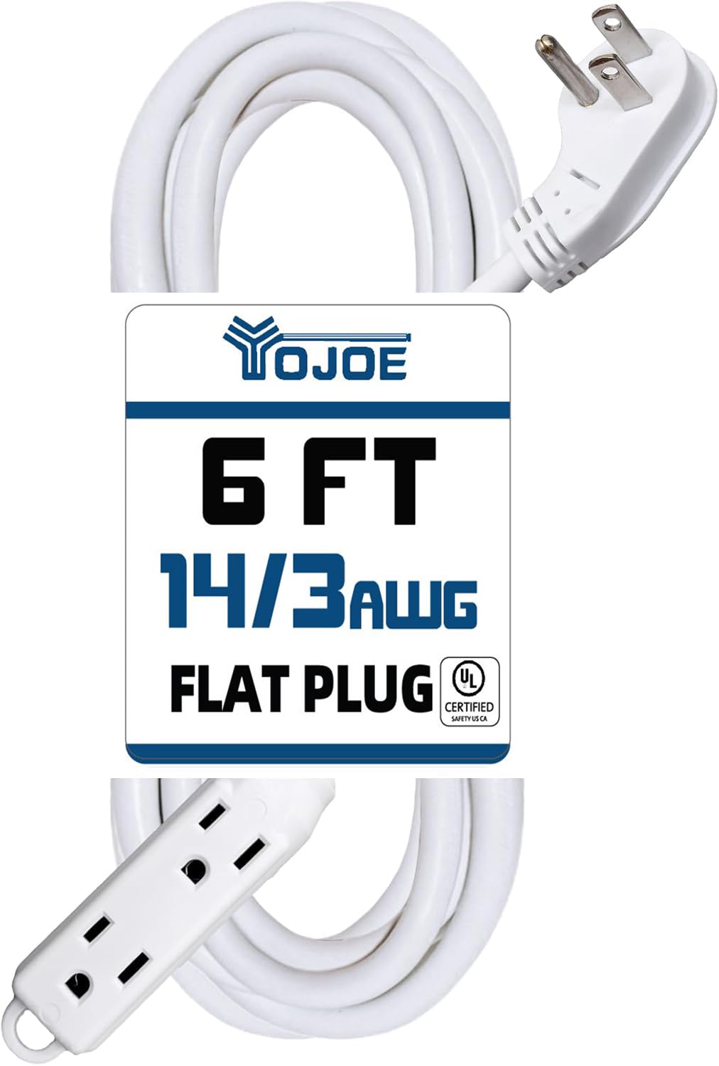 YOJOE 3-Outlets Flat Plug Indoor Extension Cord Outlet Extender, 3 Prong 6 ft 15A Power Strip, 14 Gauge Heavy Duty White Extension Cord, 14/3 SJTW, UL