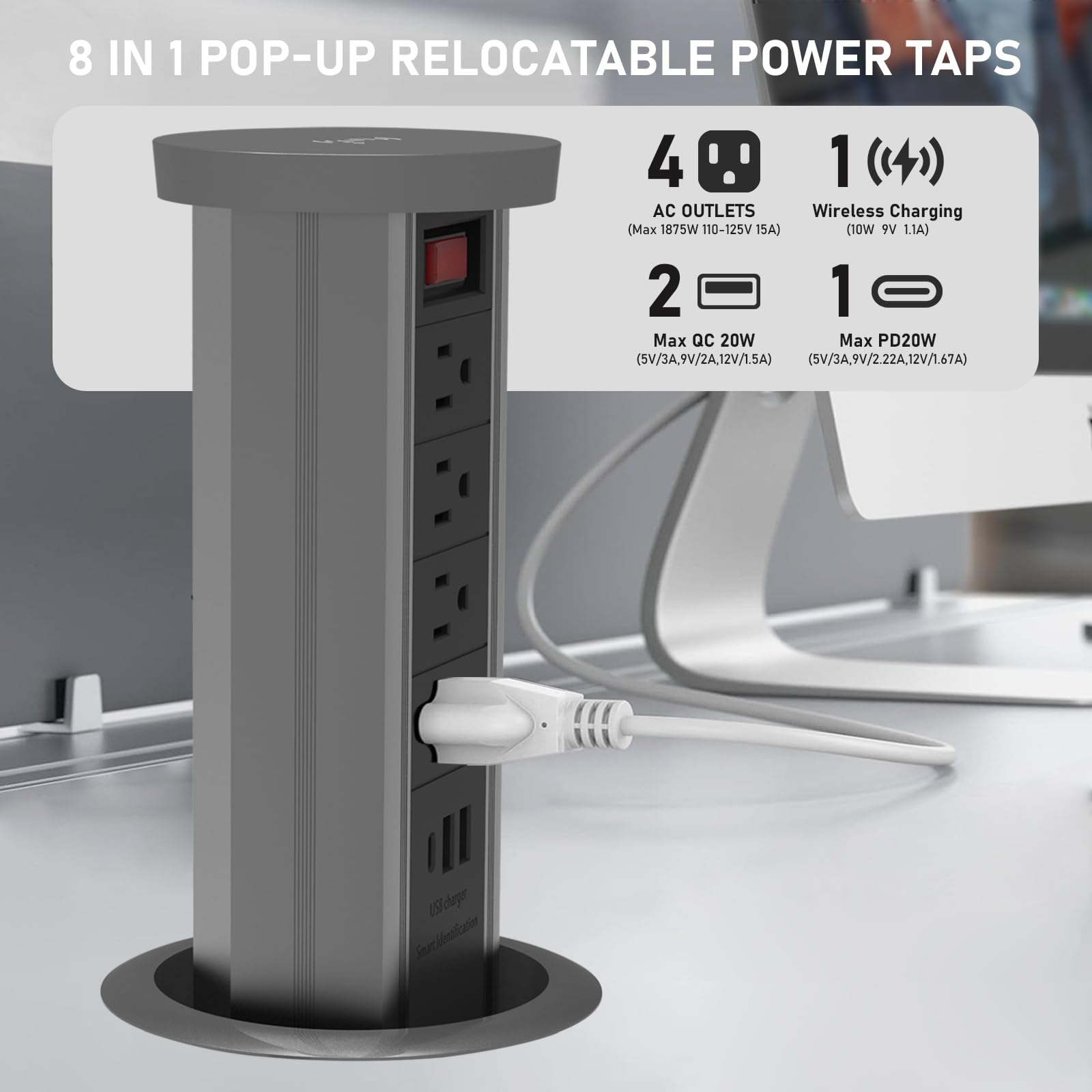 Powerhub 12.1 cm wyskakujące gniazdko na blat z przelotkami komputerowymi PD20 W, USB C, 4 gniazdka, 3 porty USB, bezprzewodowa ładowarka 15 A, szybkie ładowanie, oszczędność miejsca dla
