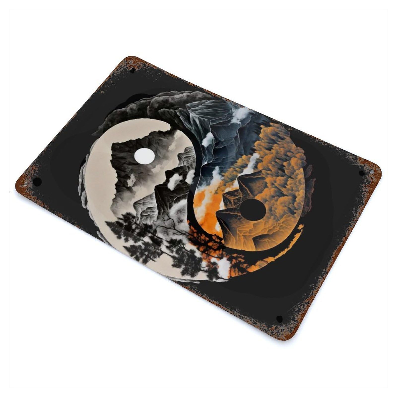 Nature Yin Yang Rustic Tin Plaque 11.8"x7.9", for Living Room, Hallway And Home Decor, Decorative Metal Wall Art