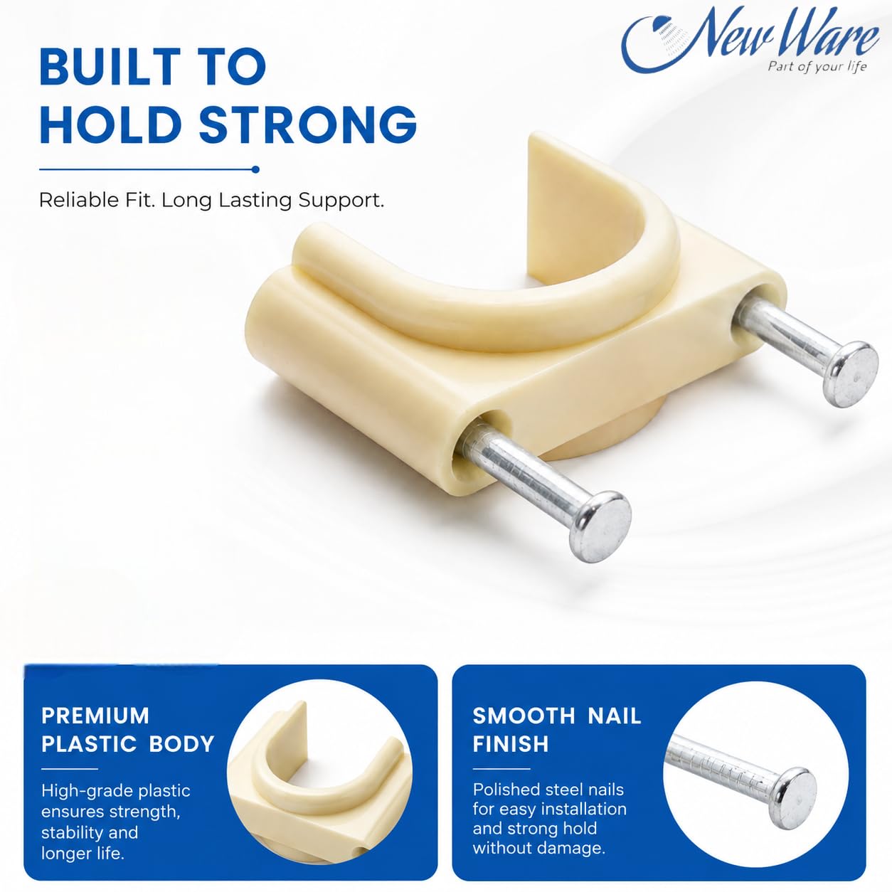 NEW WARE® 20 mm PVC U-Shaped Pipe Clamps with Flat Nail | Ivory Wire & Tube Holder Clips | Durable Mount Pipe Fixing Brackets for Electrical Wire, Cable & PVC Pipes | Cable Management | Pack of 25 4