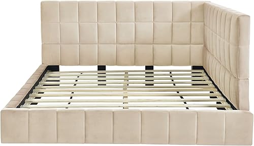 Miniatura 38 de SOFTSEA Marco de sofá cama simple para sala de estar, sofá cama tapizado de tamaño matrimonial con colchón de funda de lino, respaldo y Beige,Beige