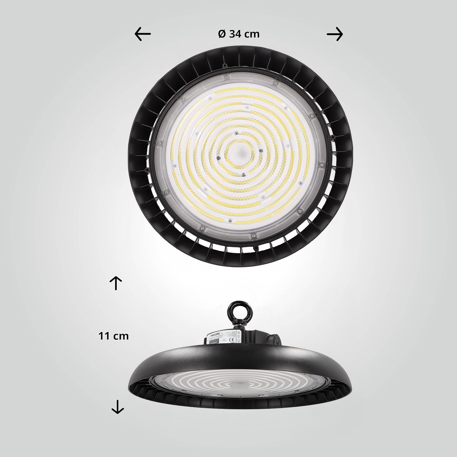 LED Hallenstrahler 200W kaltweiß 6000K 40.000lm 200lm/W 90° CRI>80 | PREMIUM-Marken-Treiber, dimmbar (1-10V), IP65, High Bay, Industrielampe, Werkstattbeleuchtung, Ø340xH110mm | 5 Jahre Garantie