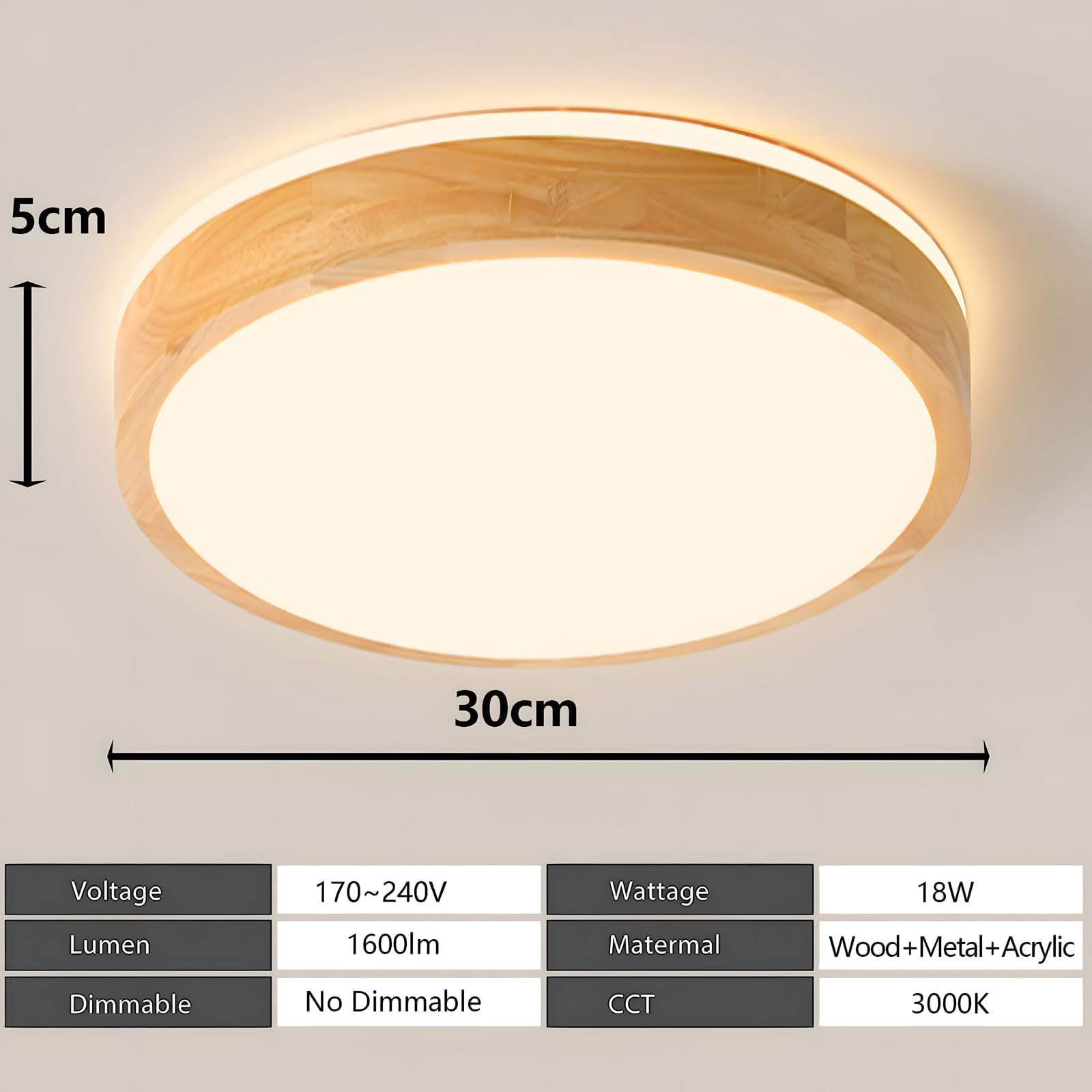 Lampa sufitowa LED jasnego drewna, górna 360° świecąca okrągła lampa naturalnego drewna 3000K Ciepła Biel 18W 1600lm Pokój dzienny, kuchnia jadalnia przedpokój dom biuro pokój dziecięcy(Ø30cm)